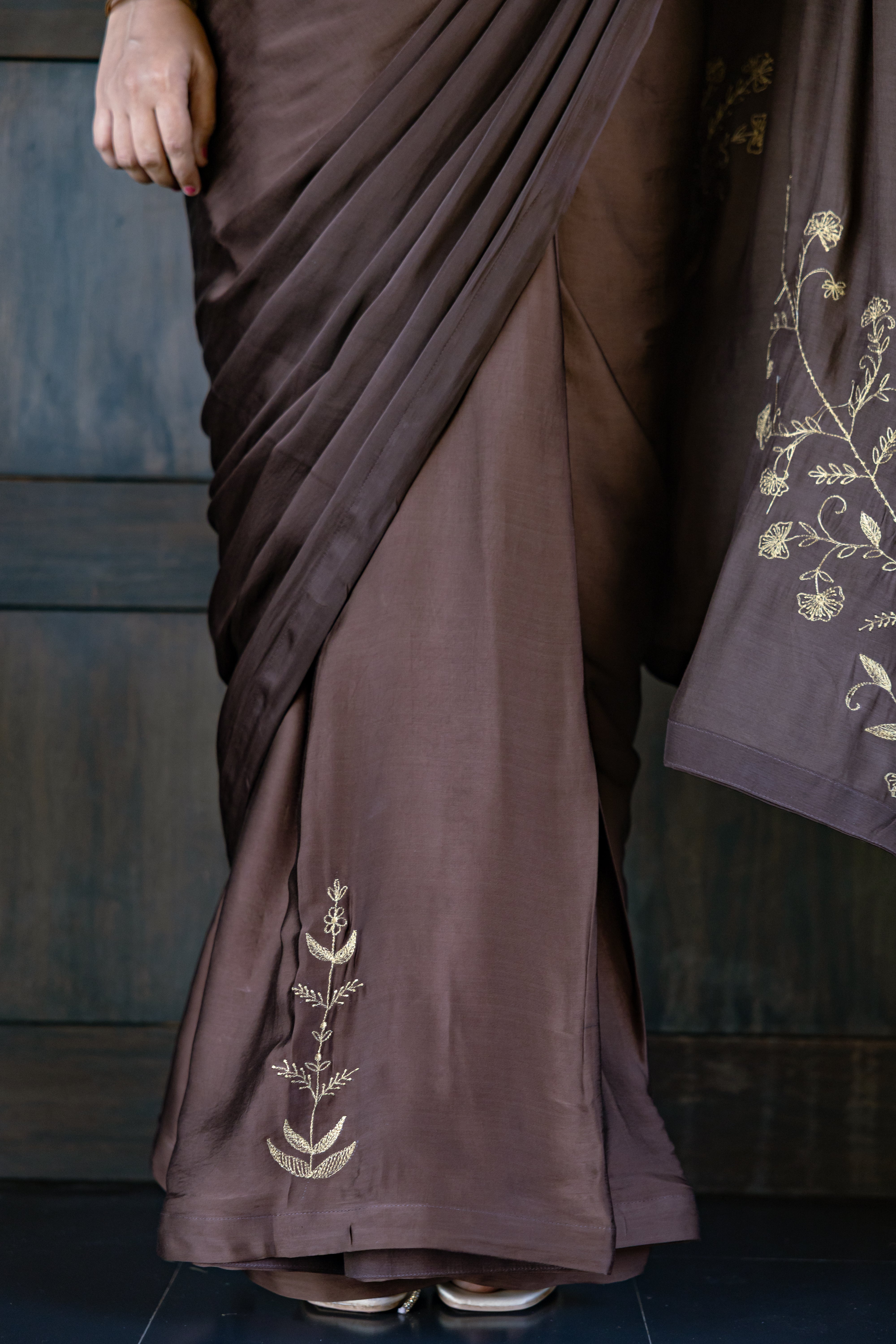 Brown Embroidered Saree