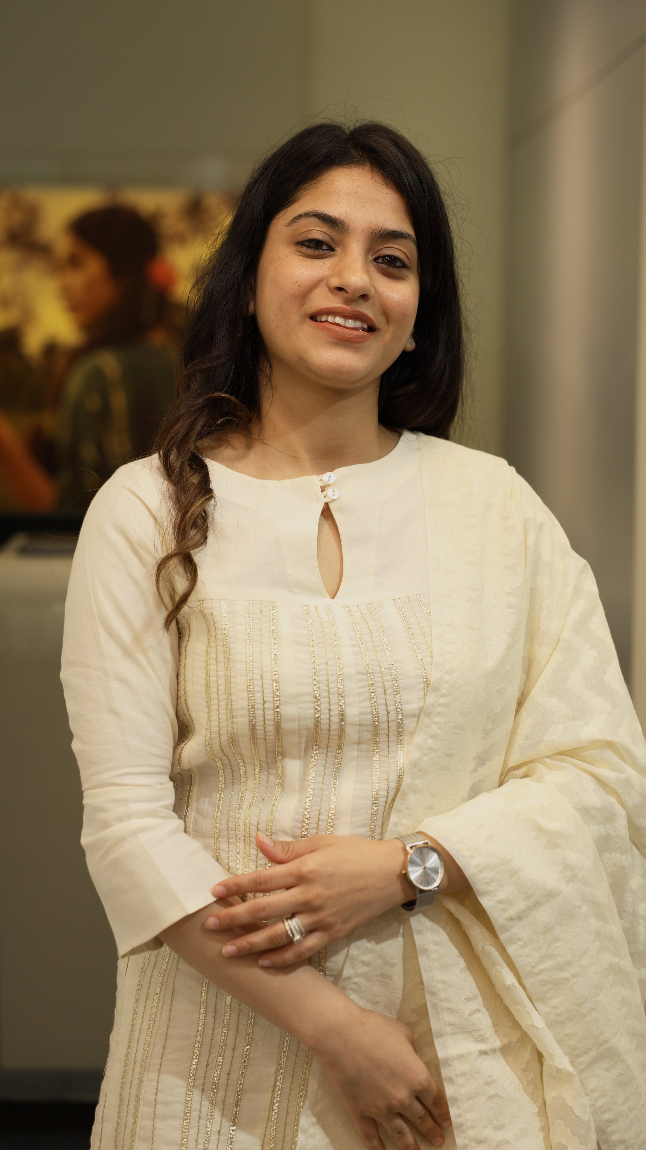 Off White Golden Striped Anarkali with Criss Cross Sleeves