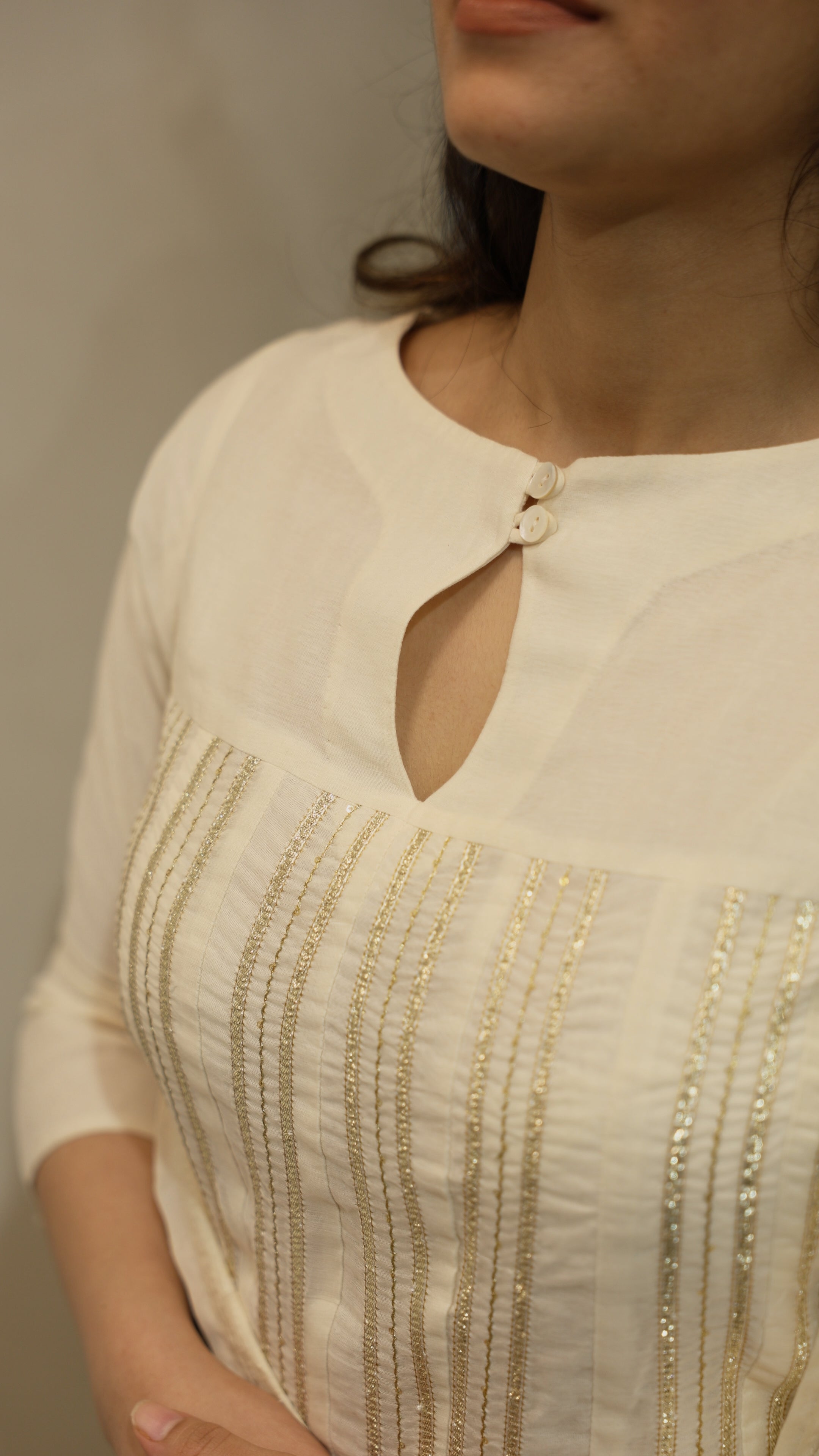 Off White Golden Striped Anarkali with Criss Cross Sleeves