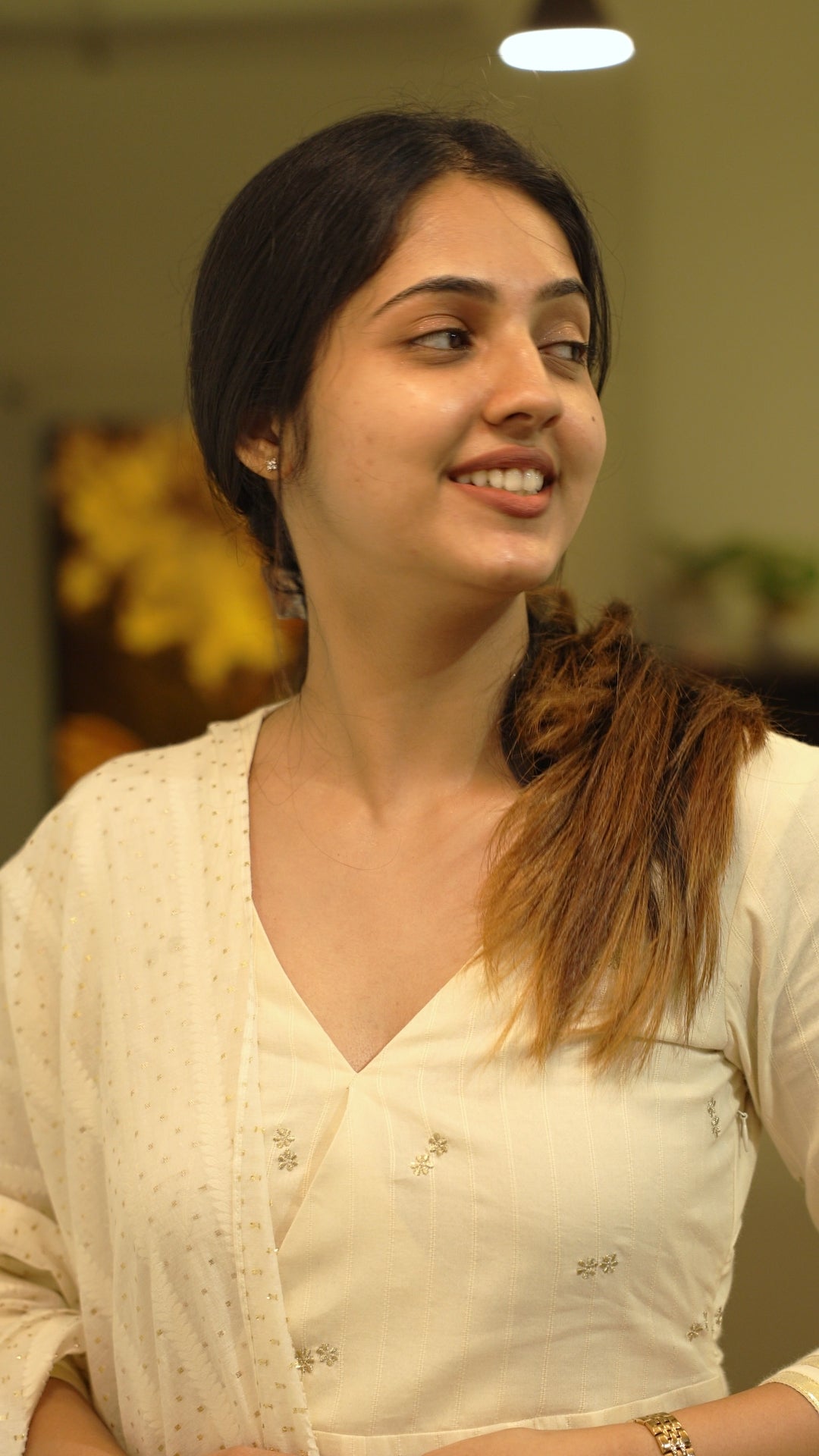 Off White Golden Floral Embroidered Anarkali