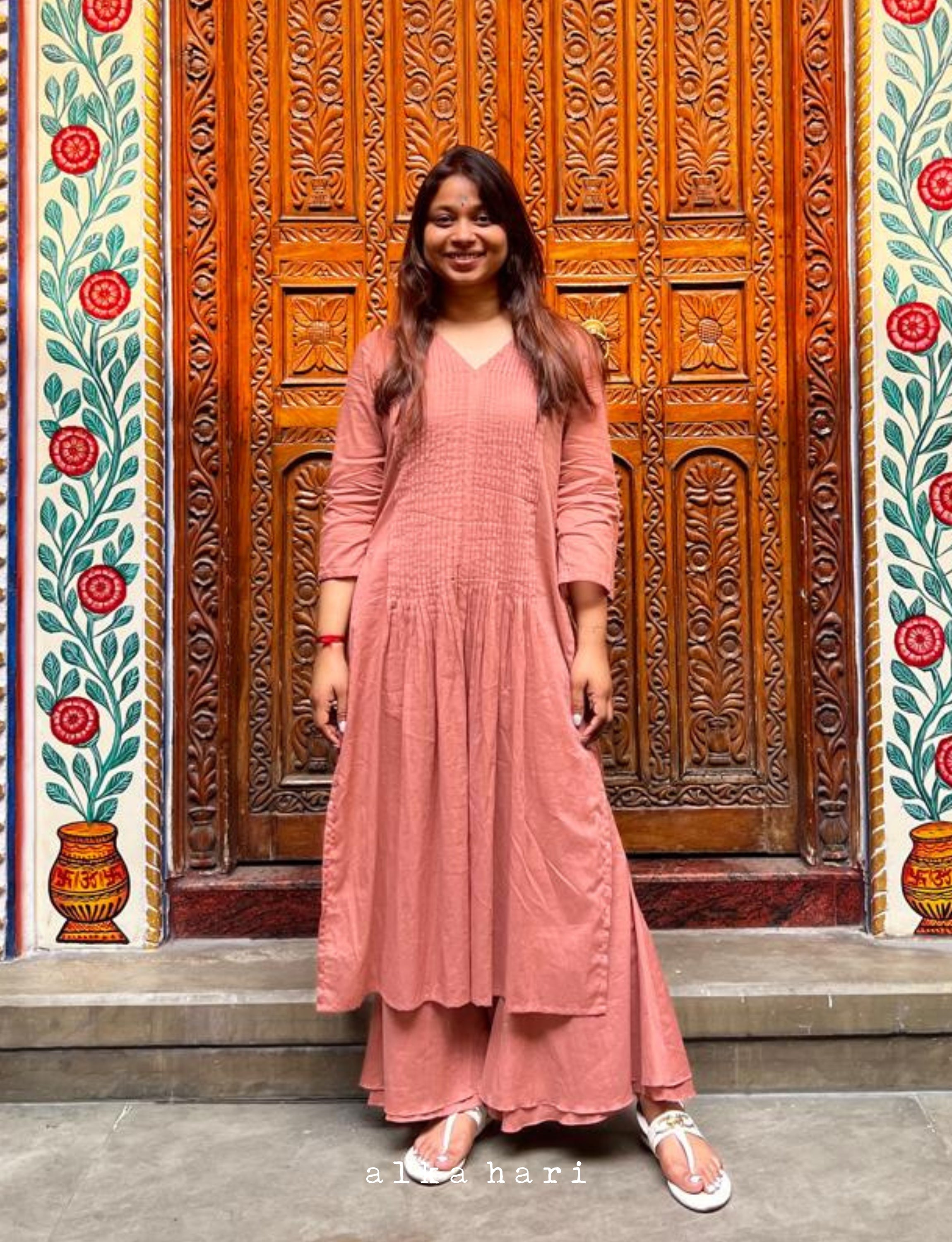 Mauve Pleated Kurta with Flared Palazzo