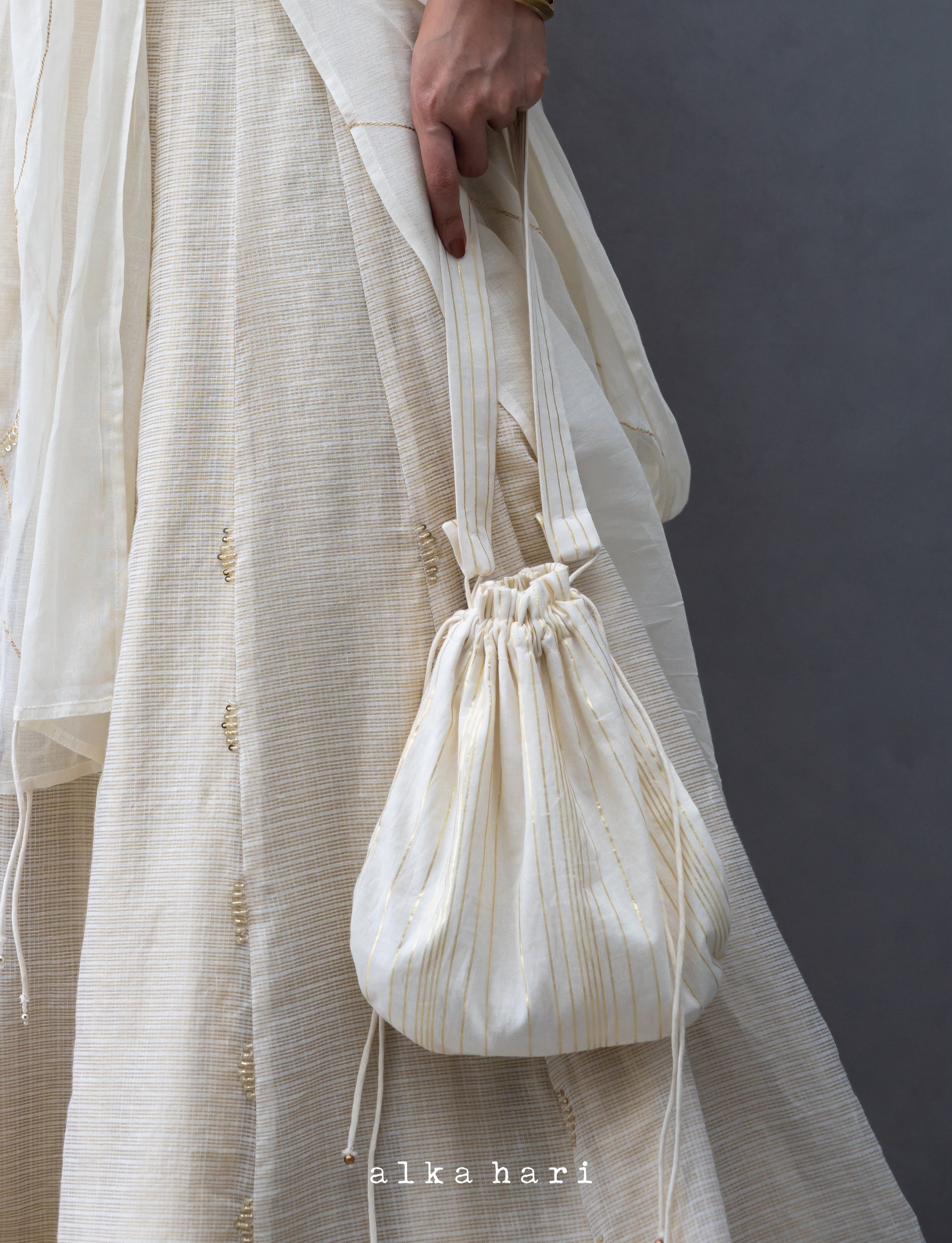 Off White Gold Striped Potli Bag