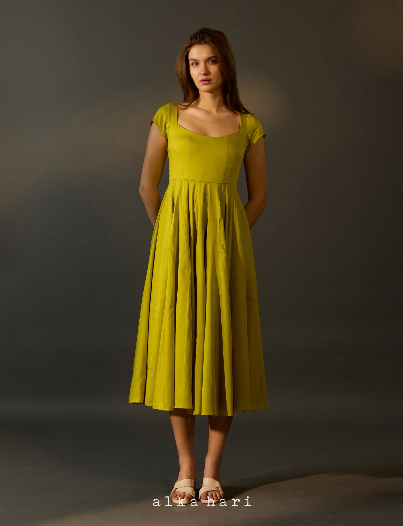 Lime Green Cotton Satin Dress - Cap Sleeve Dress for Women | Alka Hari Alka Hari Pvt Ltd Lime Green Cotton Satin Dress - Cap Sleeve Dress for Women | Alka Hari Alka Hari Pvt Ltd