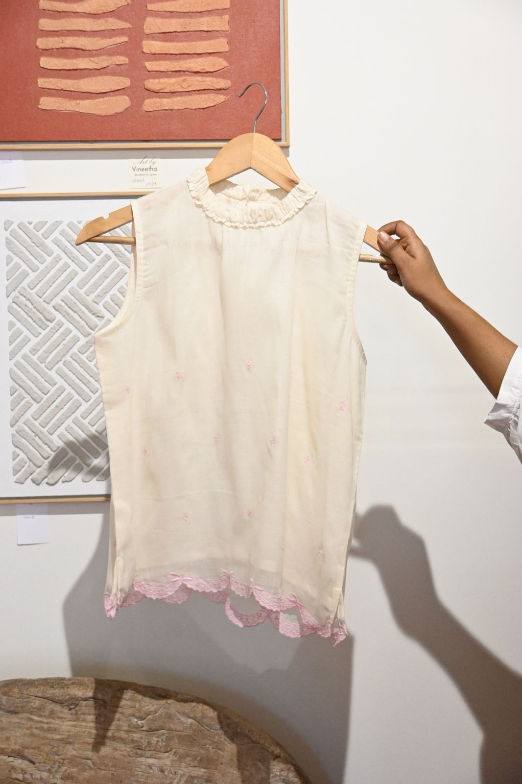 Off White Short Top with Ruffled Neckline