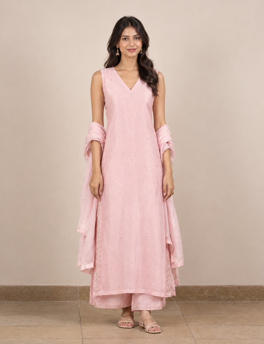 Pink V-Neck Chanderi Silk Mukaish Kurta