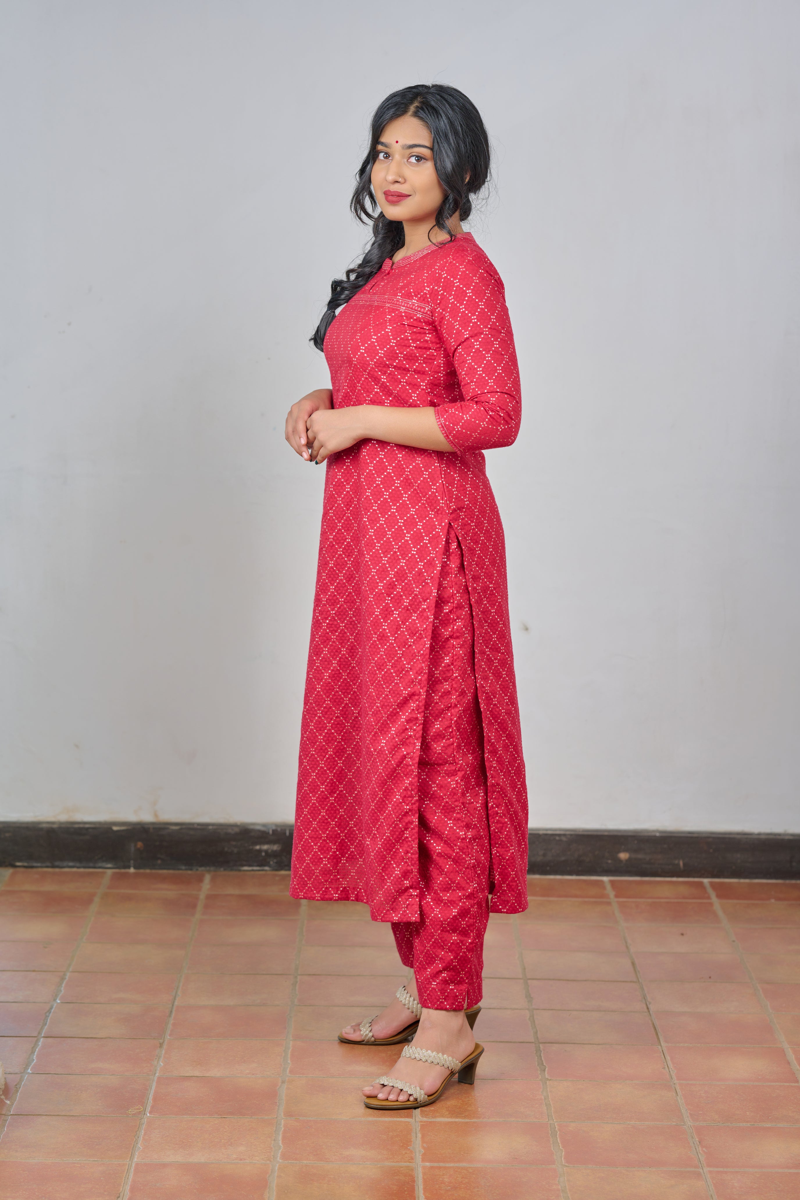 Red Printed Chanderi Silk Kurta