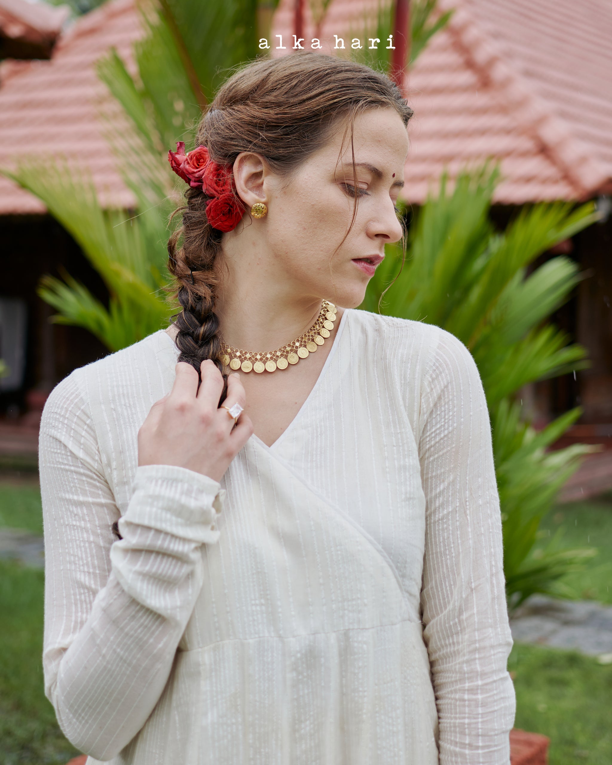 Off White V neck Anarkali