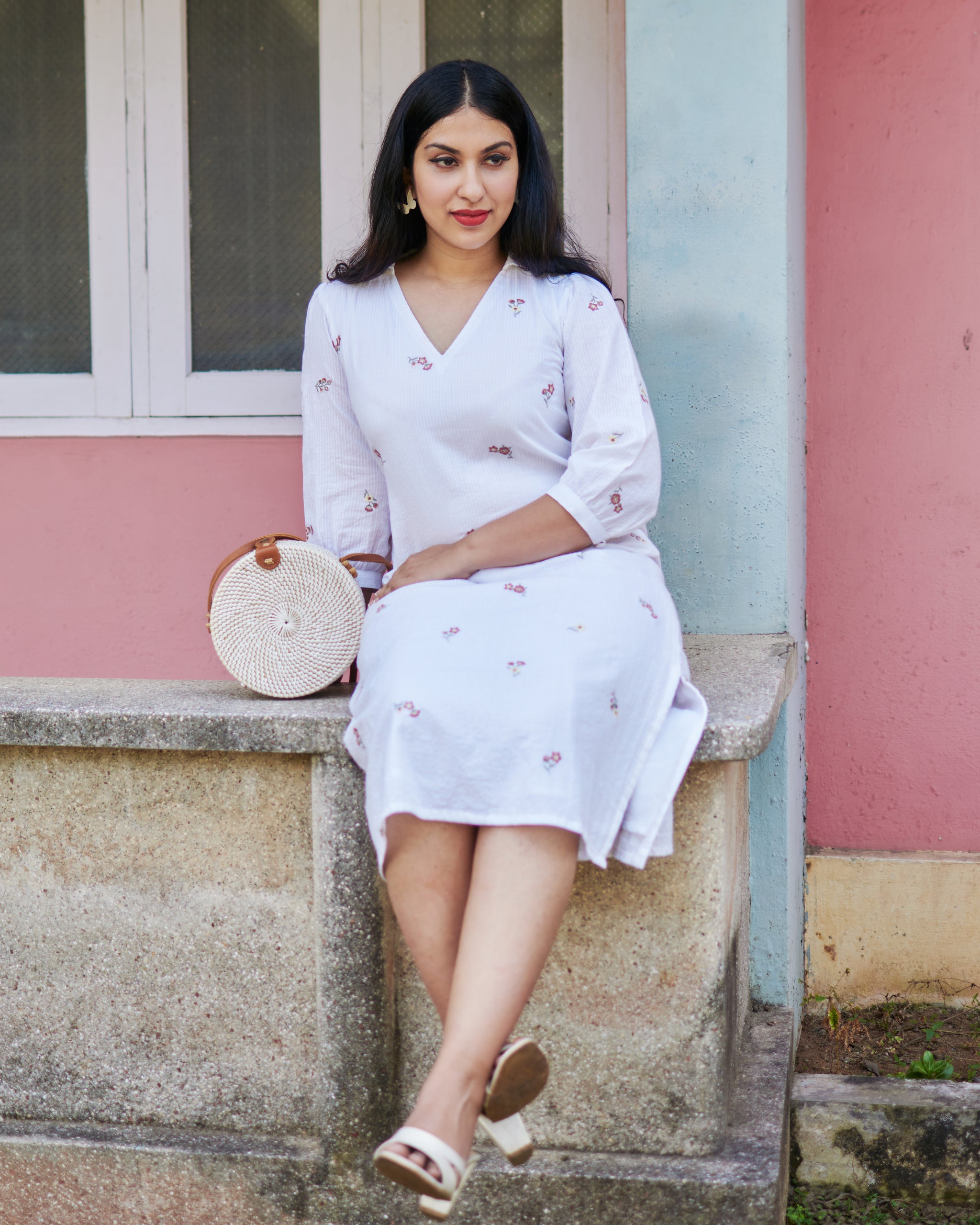 White Floral Embroidered Dress