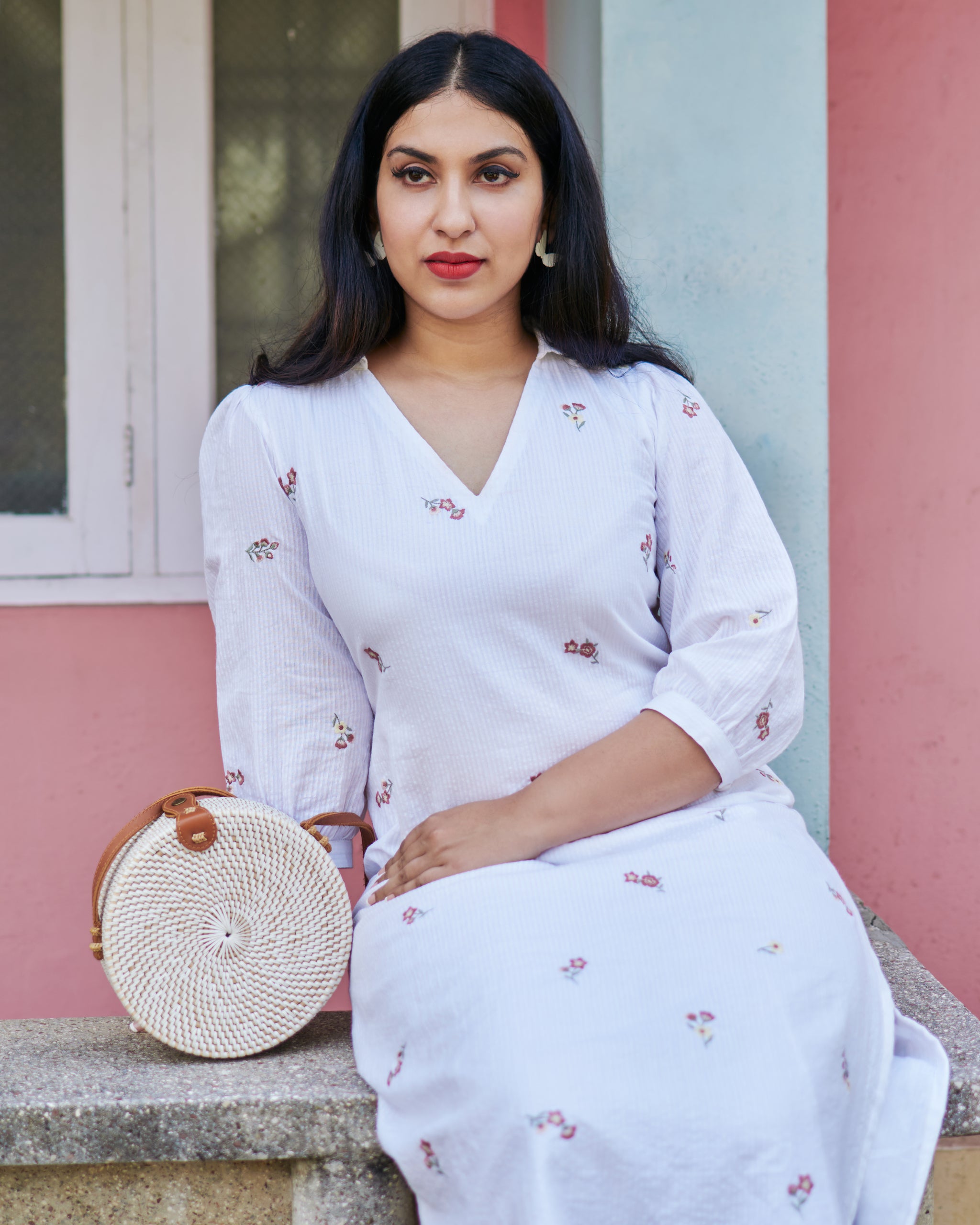 White Floral Embroidered Dress