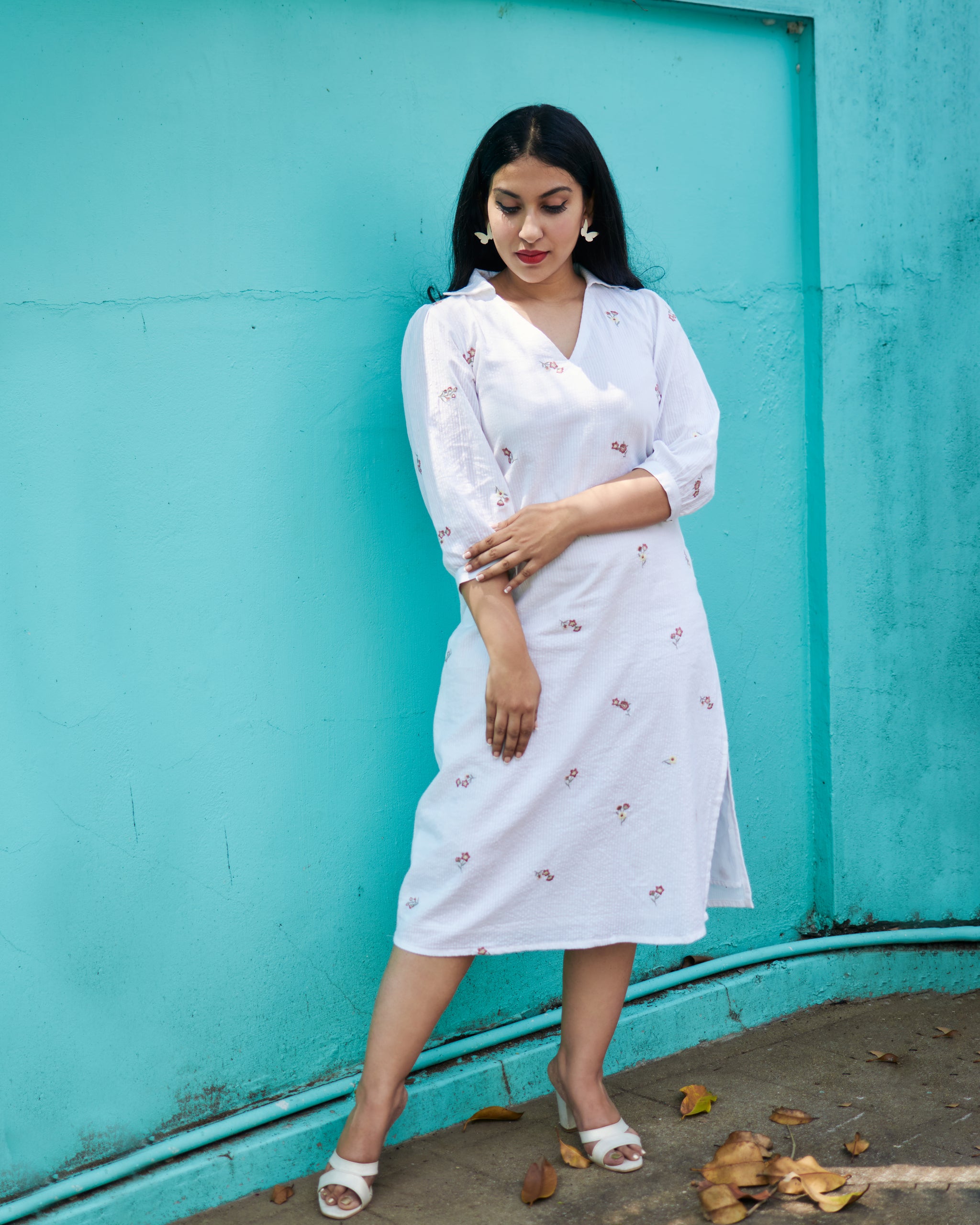 White Floral Embroidered Dress