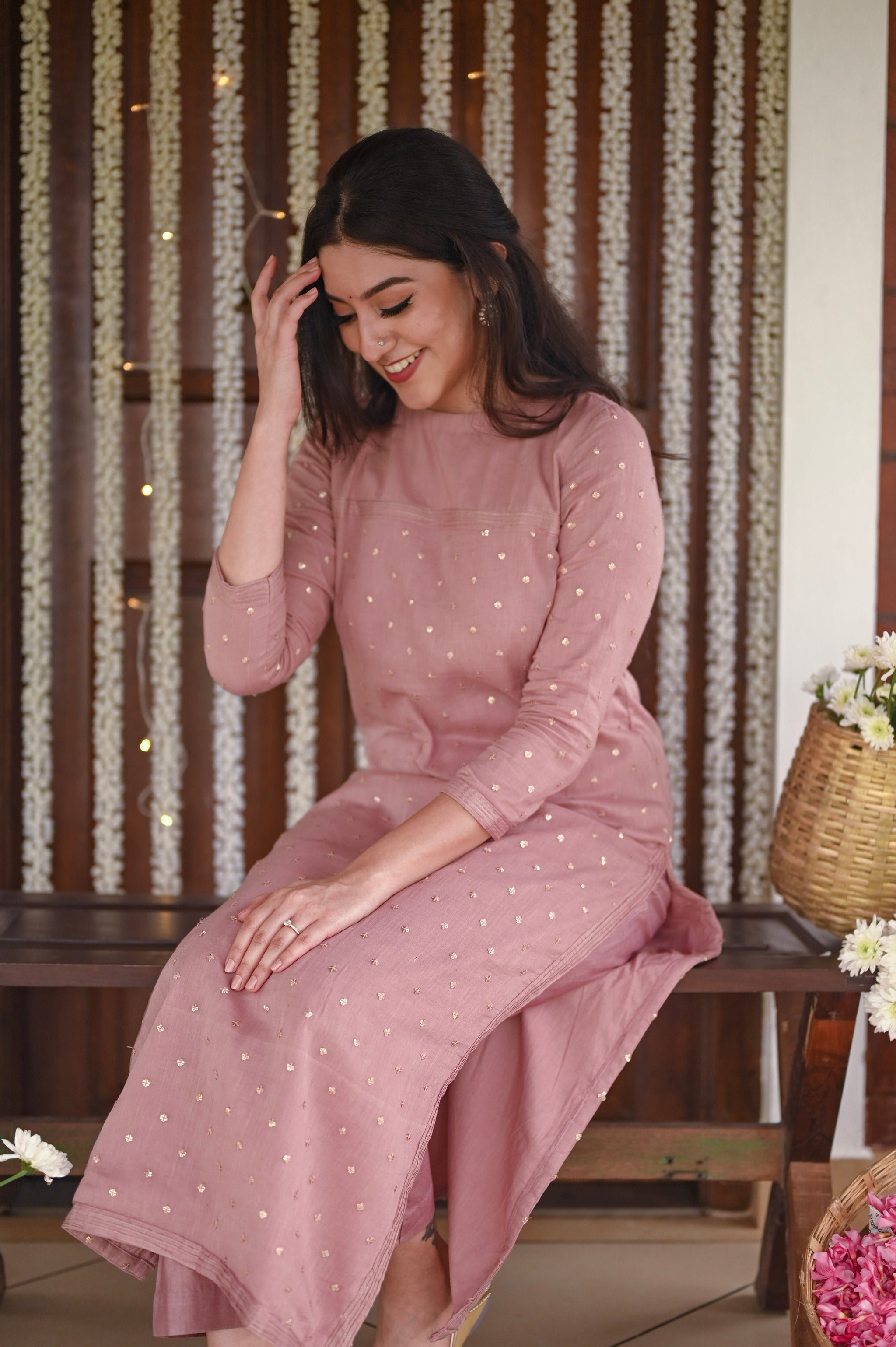 Nude Embroidered Mul Kurta