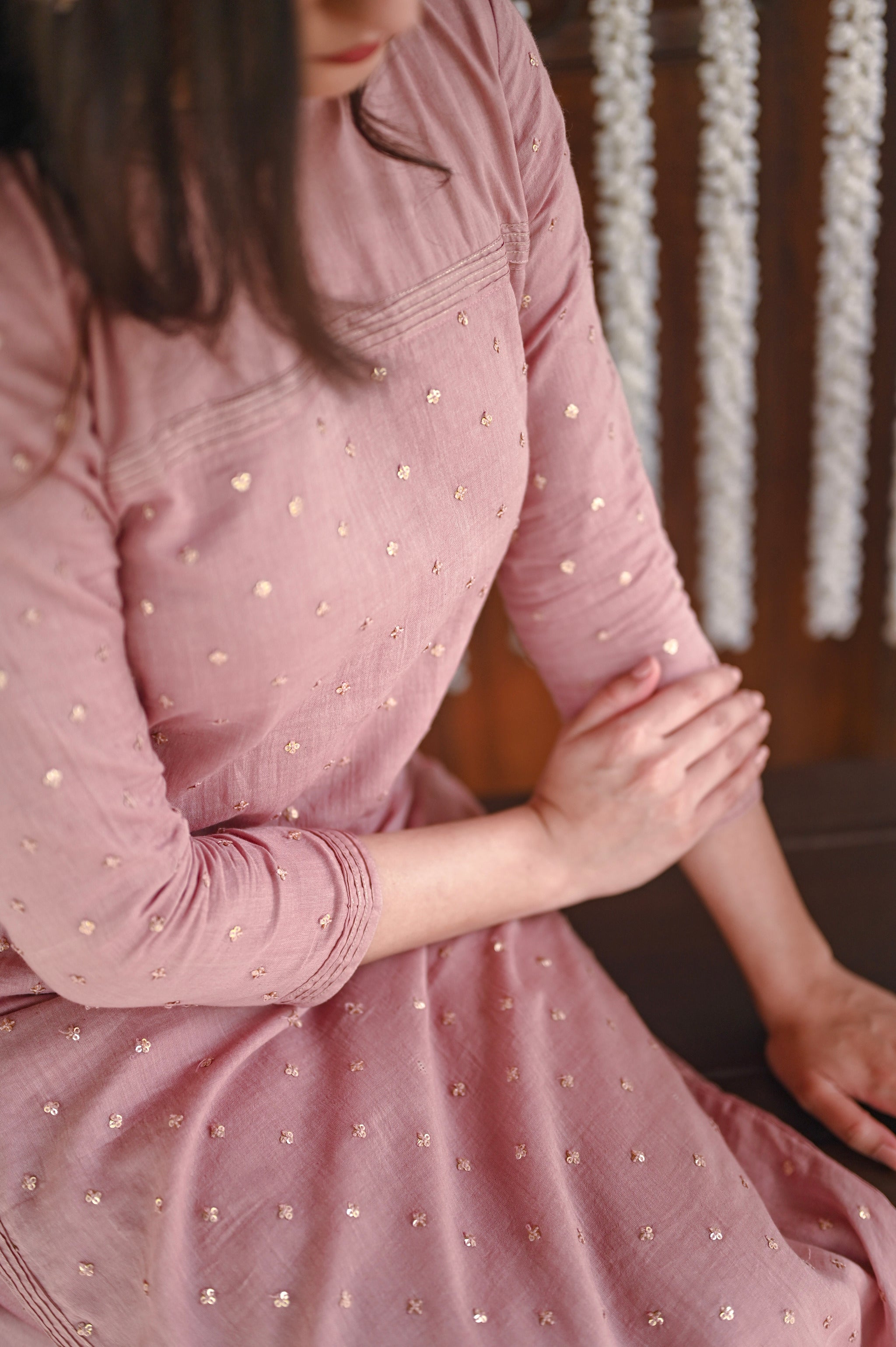 Nude Embroidered Mul Kurta