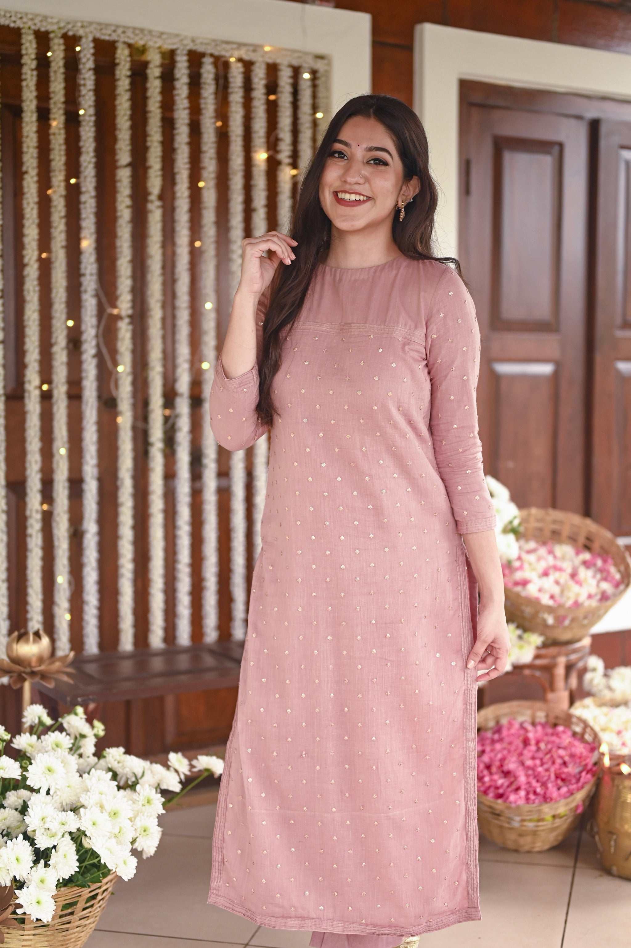 Nude Embroidered Mul Kurta