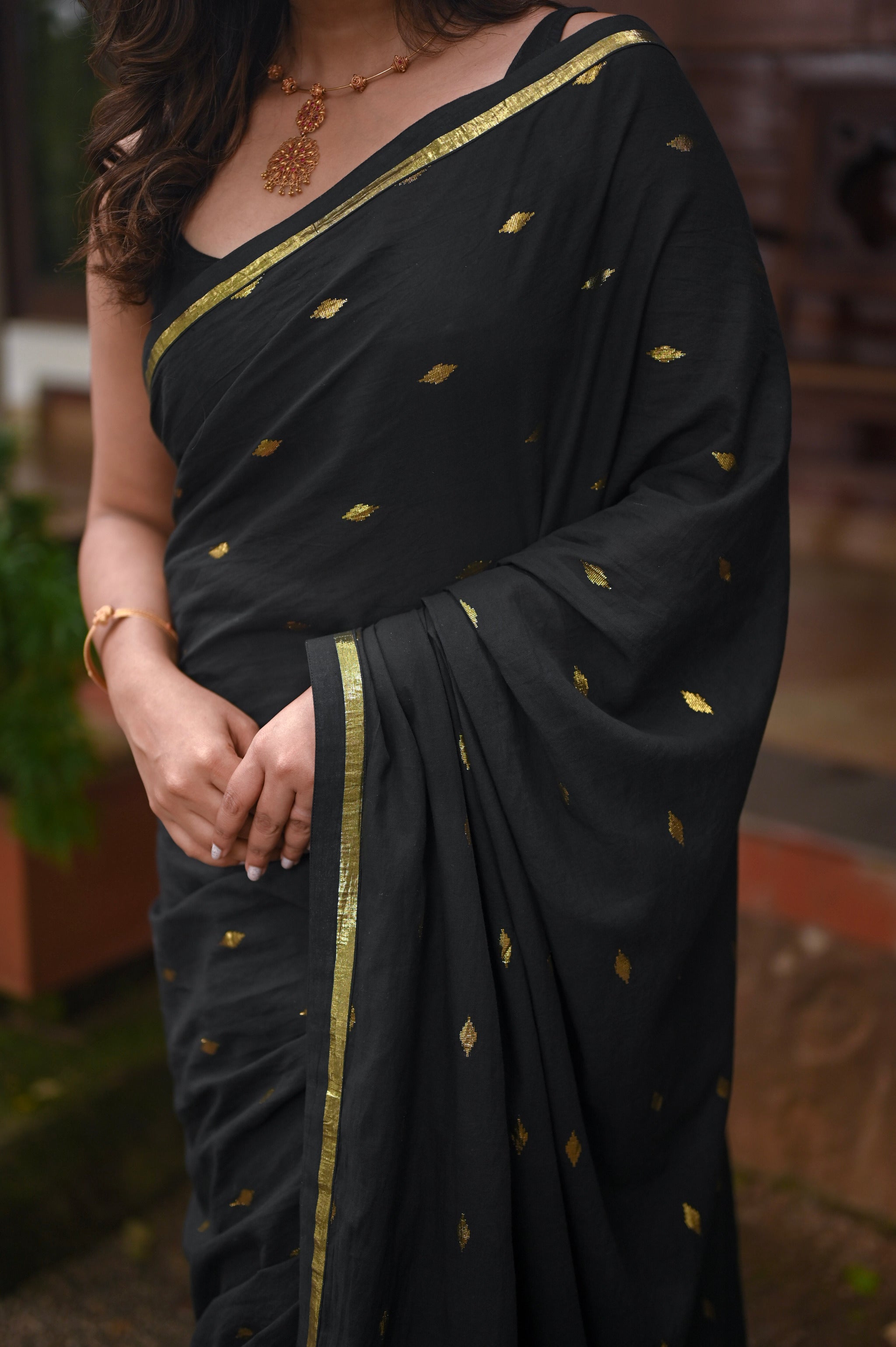 Black Butta Handloom Cotton Saree