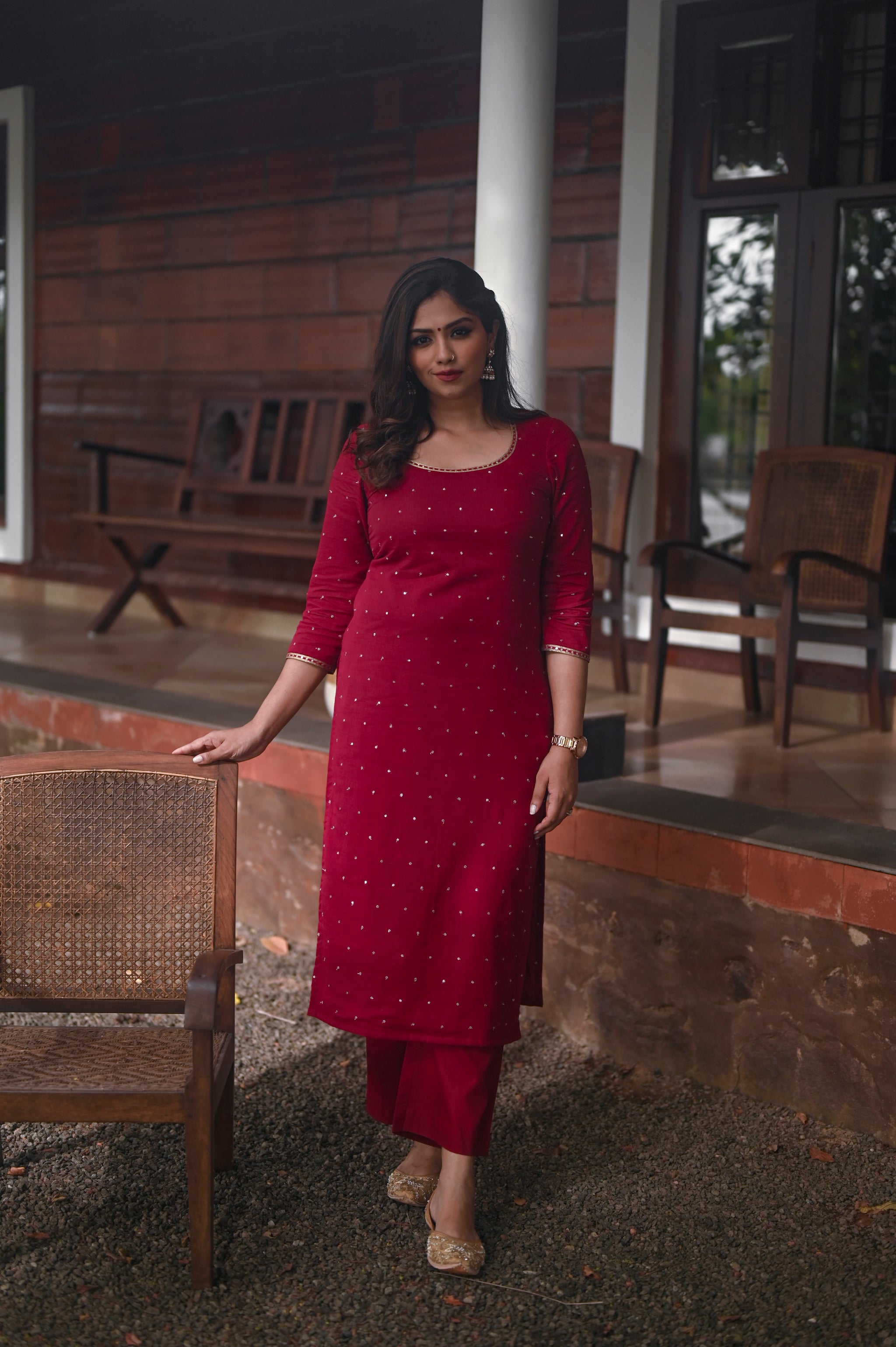 Bright Maroon Embroidered Kurta