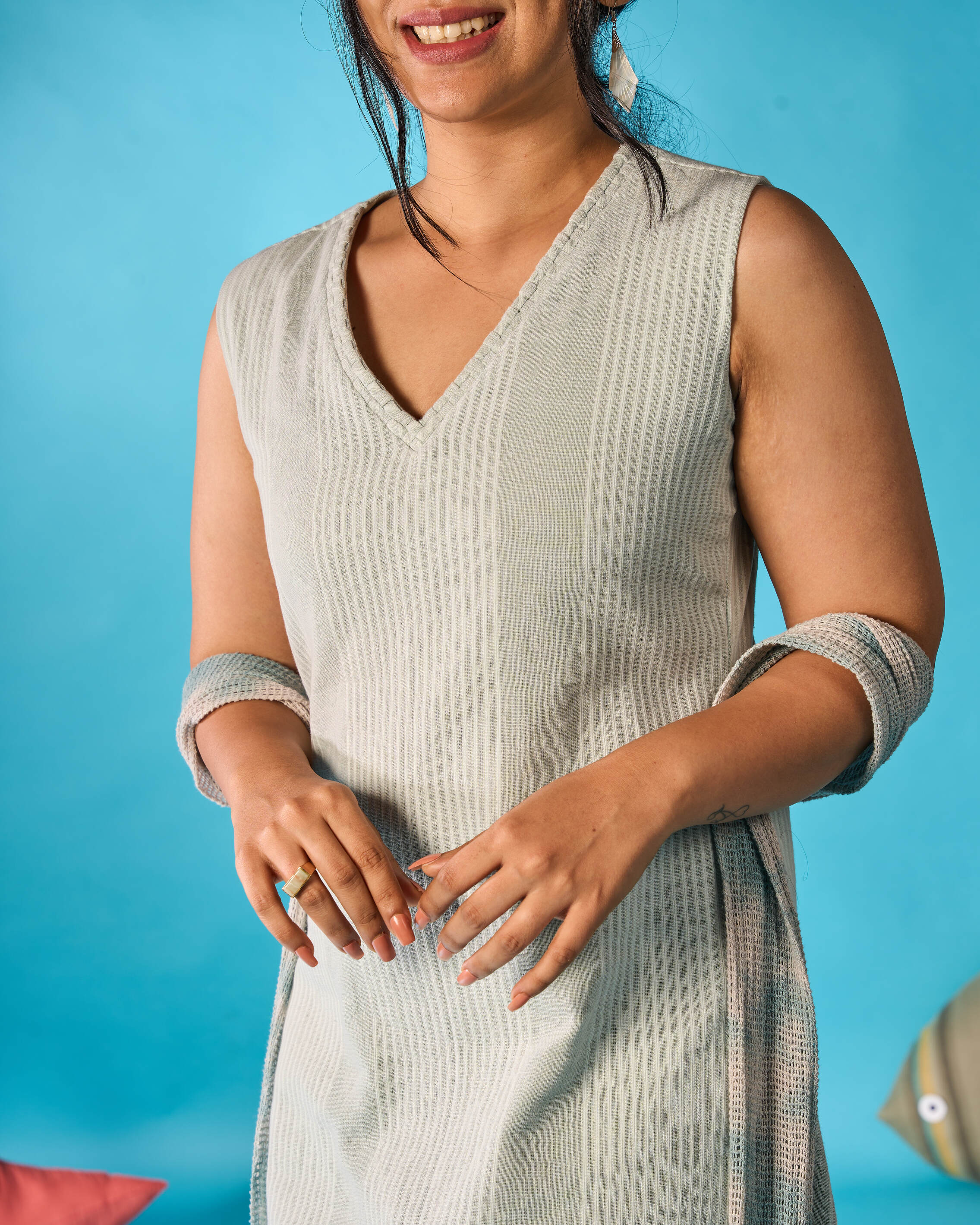Blue Dress with Handweave Detail