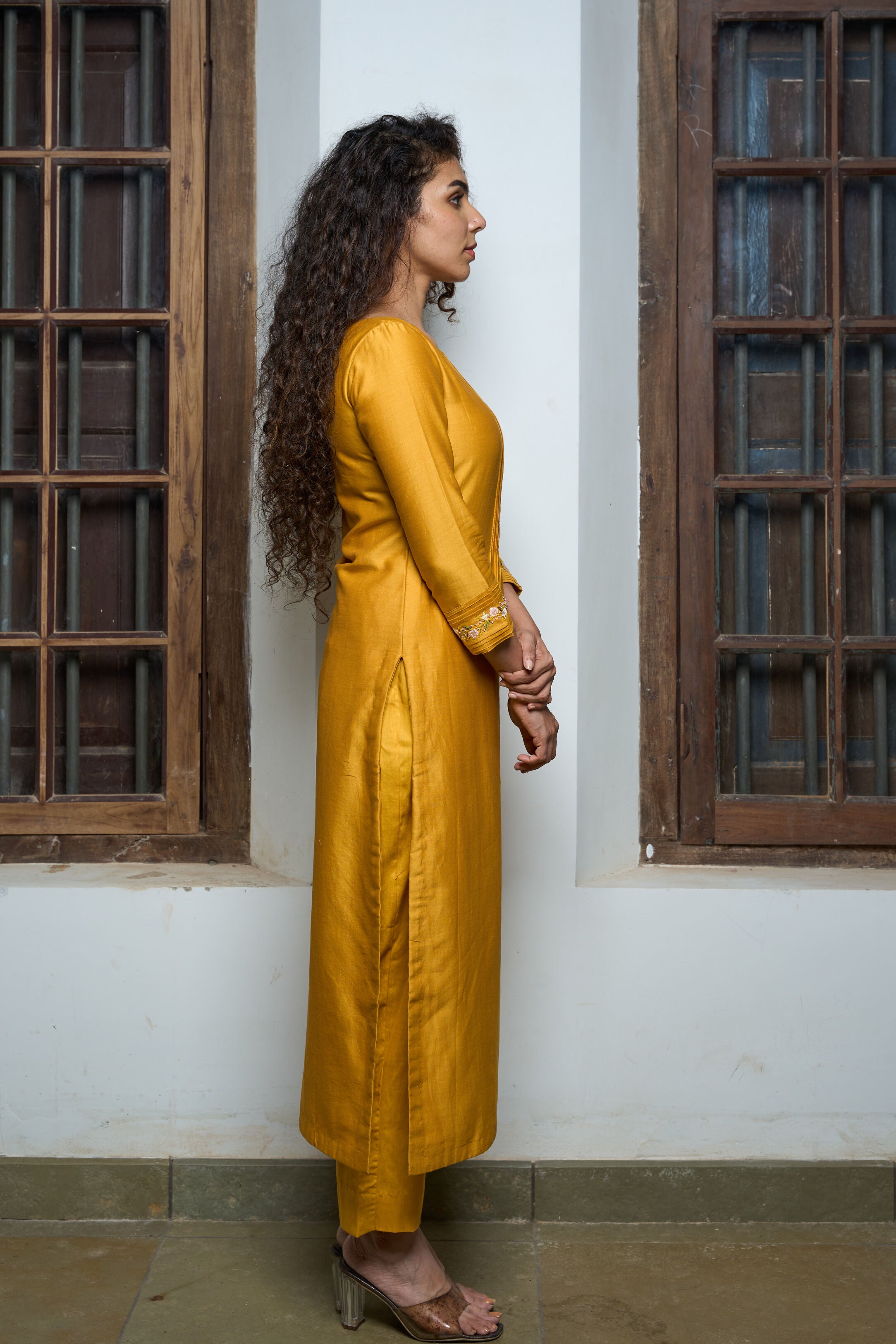 Yellow Chanderi Silk Kurta with pintucks details