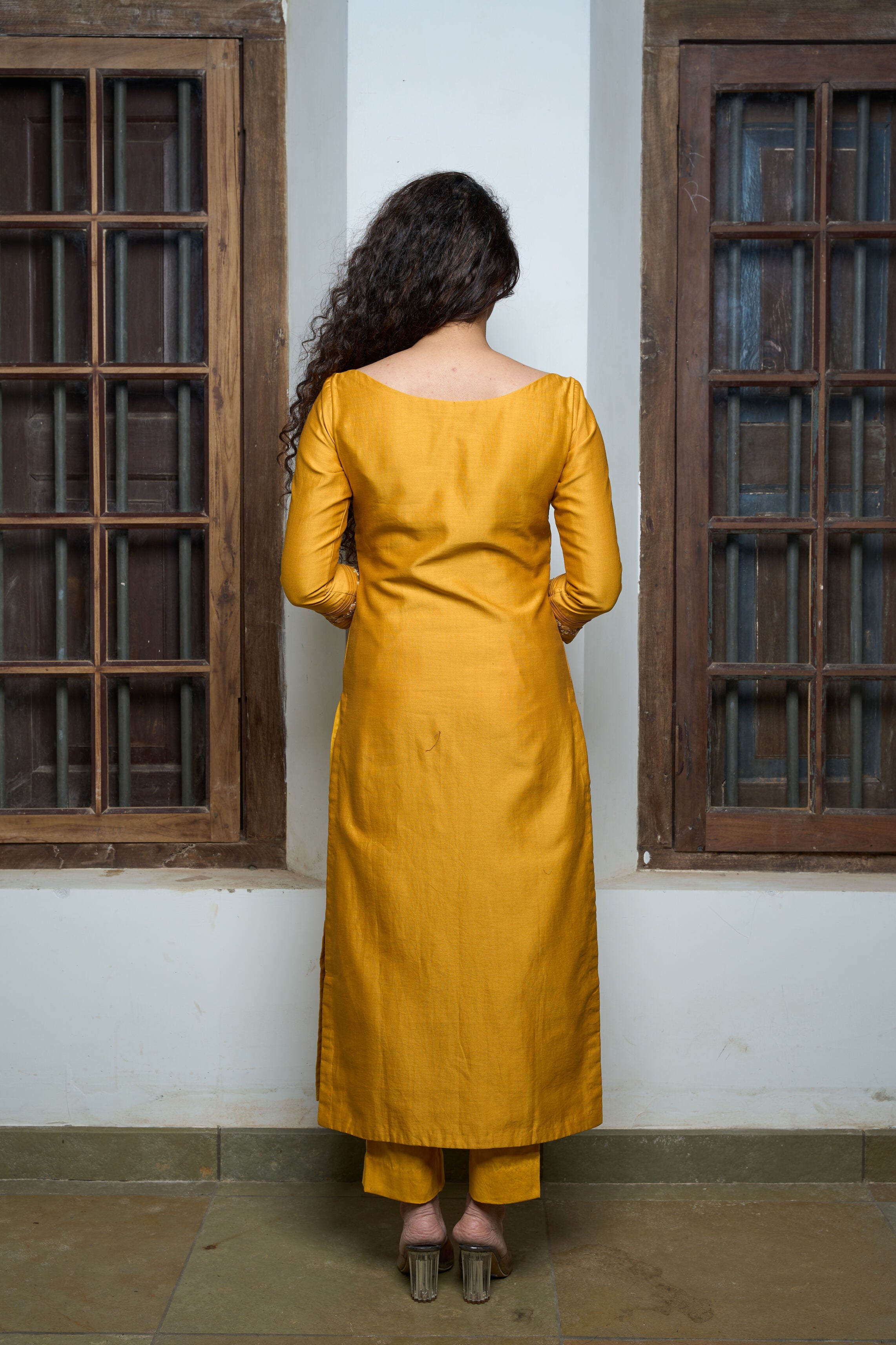 Yellow Chanderi Silk Kurta with pintucks details