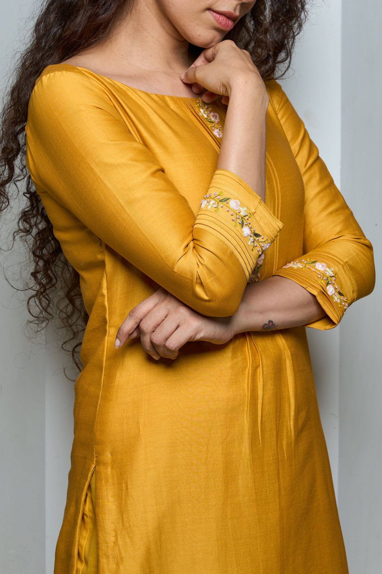 Yellow Chanderi Silk Kurta with pintucks details
