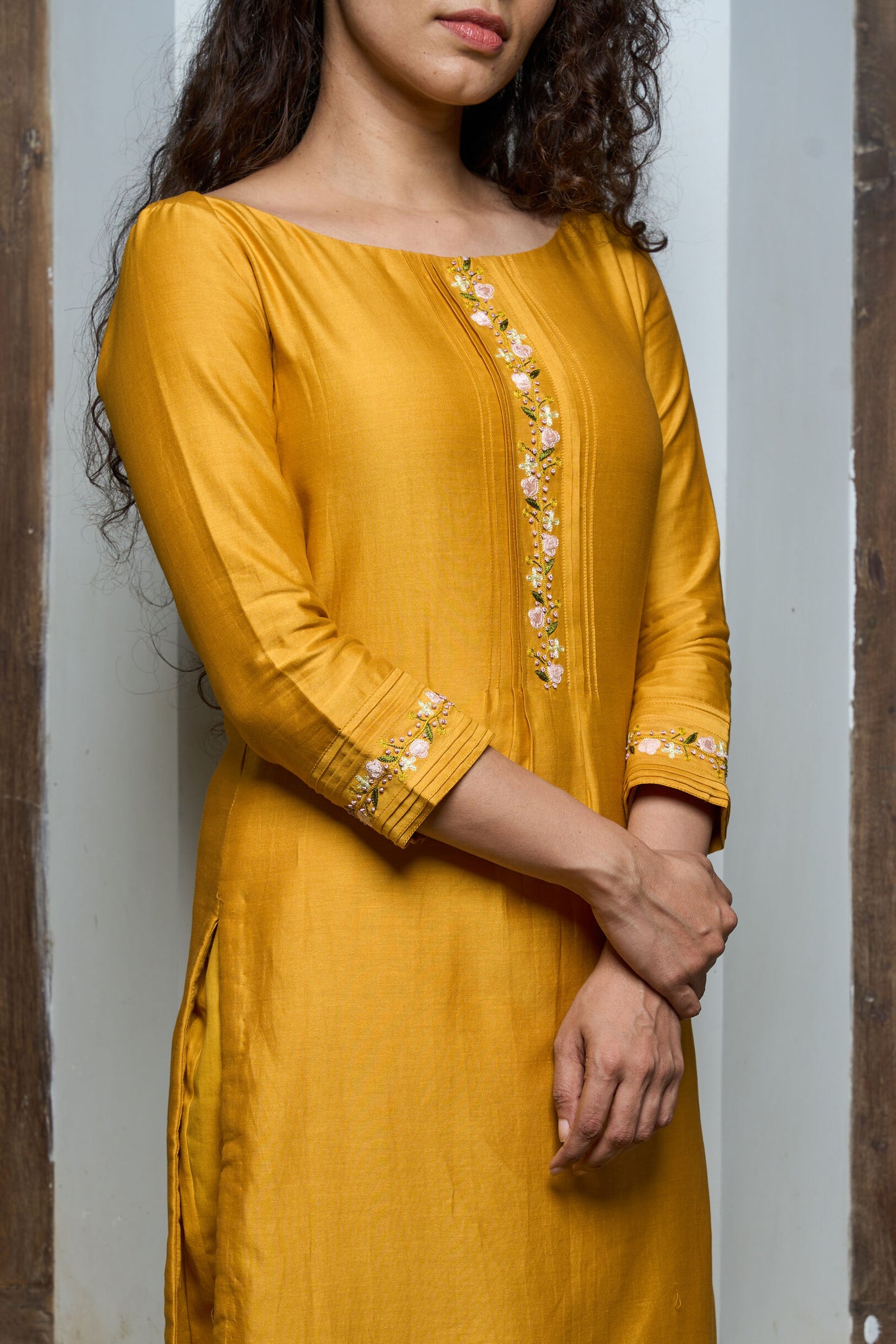 Yellow Chanderi Silk Kurta with pintucks details