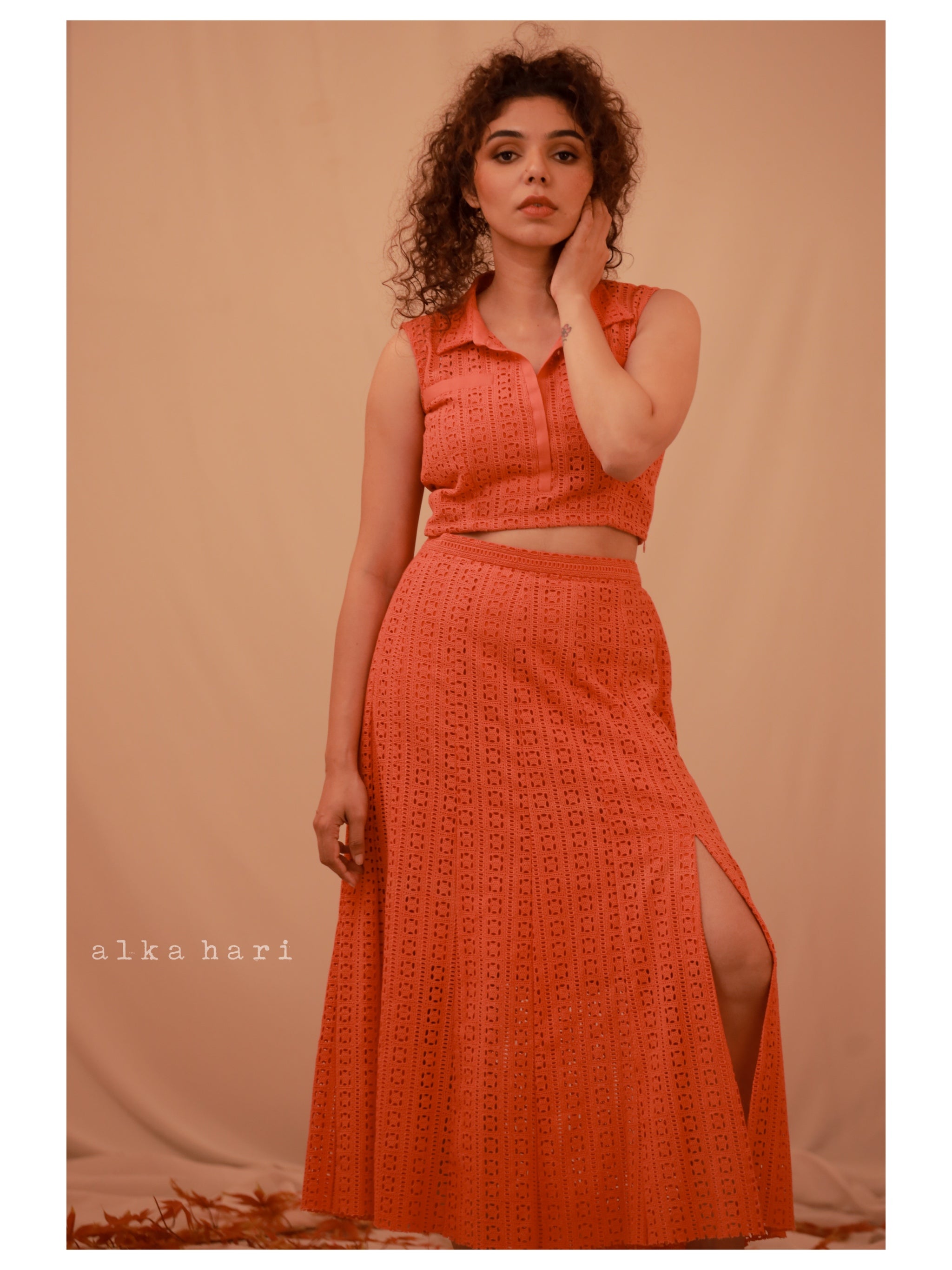 Carrot colour hakoba crop top and skirt
